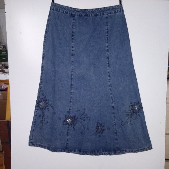 Denim midi skirt Embellished beads Modest paneled